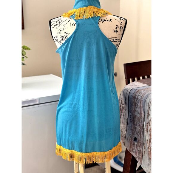 VINTAGE Turquoise Mod Mini Dress GoGo Fringe Daisy Cute Size S 1960's 70's - Picture 2 of 6